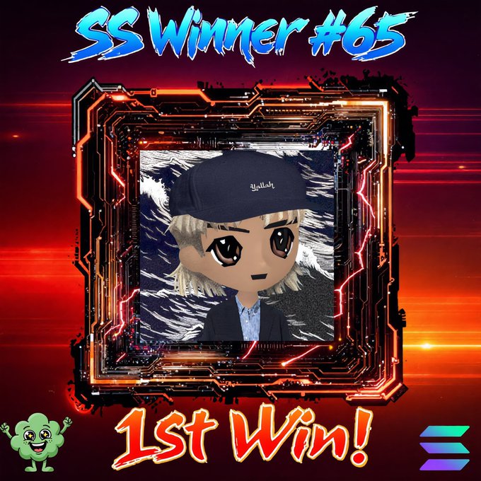 The image features a stylized avatar with blonde hair and a black cap, framed within an orange tech-inspired border, celebrating "SS Winner #65" with bold "1st Win!" text below. The graphic ties directly to the post's announcement of Day 65's first SMURF SPOTLIGHT winner, @ifwcobeys, highlighting their victory in the ongoing community contest.