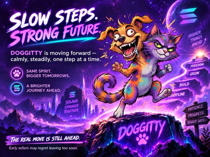 A promotional graphic for 'DOGGITTY' cryptocurrency featuring an anime-style dog-cat character with text 'SLOW STEPS. STRONG FUTURE.' and messaging about Solana growth, discipline, and patience.
