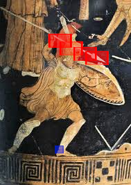 An ancient Greek vase painting showing a warrior figure with a shield and spear, with several bright red rectangular blocks obscuring parts of the image.