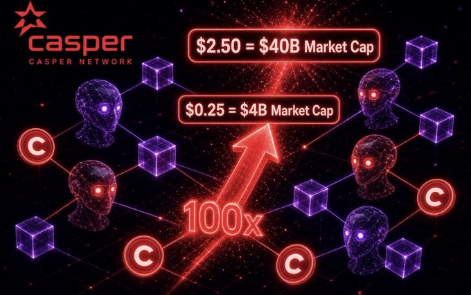 A promotional graphic for Casper Network showing '100x' growth potential, with text reading '$2.50 = $40B Market Cap' and '$0.25 = $4B Market Cap' alongside red and purple digital heads.