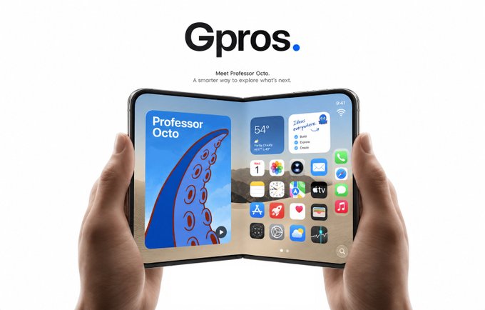 Two hands hold an unfolded foldable smartphone displaying a "Professor Octo" home screen with widgets, apps, and the tagline "Meet Professor Octo. A smarter way to explore what's next." under the "Gpros." brand.