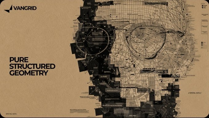 A VANGRID digital data presentation features the text 'PURE STRUCTURED GEOMETRY' next to an abstract, wireframe-style portrait of a face and glasses.