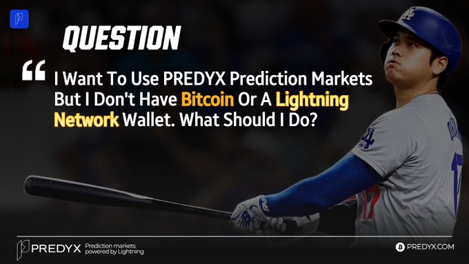 The image features a baseball player holding a bat, with a question posed above him about Bitcoin payment options related to a prediction market. The text on the image states that if someone wants to use Bitcoin payments for predicting lightning markets, they need not have Bitcoin or a Lightning wallet and what should I do?