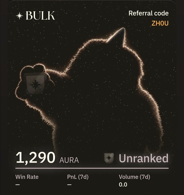 A digital profile card with a starry background featuring a glowing cat silhouette, the name 'BULK', a referral code 'ZHOU', and 1,290 AURA points in 'Unranked' status.