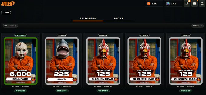 The image shows a collection of five different images featuring people wearing costumes or masks with chicken heads. The first person appears to be wearing an orange jumpsuit with a skull mask, while the other four individuals are dressed in various costumes such as a clown suit, a chicken head costume, and another clown outfit. The post is titled "Jaileddotfun Day 2 Day 1 Investment start 1SOL $JAIL DONE! Total: 2.2 $SOL".