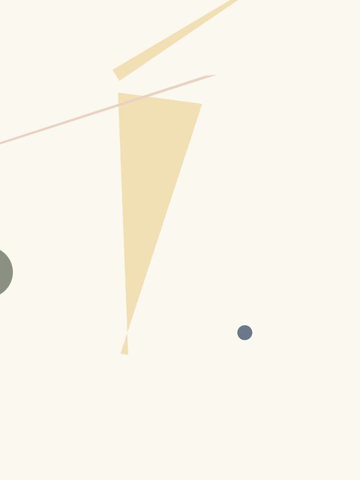 A minimalist abstract graphic featuring a light yellow triangle and a thin pink line intersecting on a cream background, with a small dark dot and a partial grey circle on the edges.