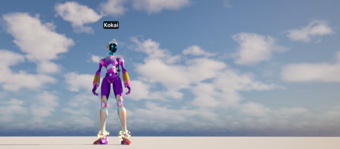 A 3D-rendered robotic figure labeled 'Kokai' stands on a plain surface beneath a cloudy blue sky.