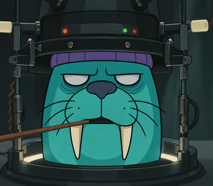 An AI-generated image shows a teal walrus-like creature with large tusks strapped into a dark mechanical contraption, holding a wooden stick in its mouth.