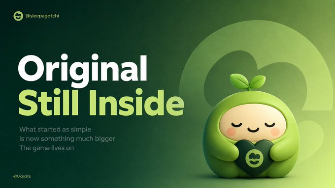 A promotional graphic for 'Original Still Inside' by @sleepagotchi, featuring a cute green character holding a heart with the text 'What started as simple is now something much bigger. The game lives on.'