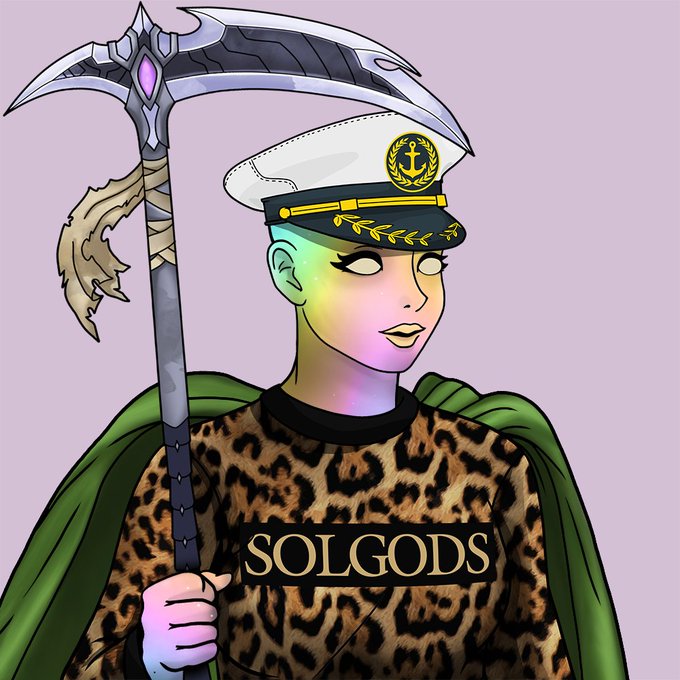 An illustration of a character in a leopard print shirt labeled 'SOLGODS' wearing a captain's hat and holding a large scythe, with rainbow-colored facial lighting.