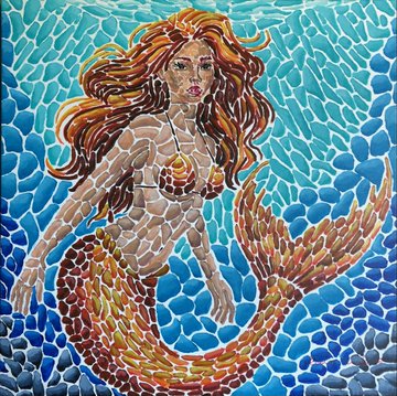 A colorful mosaic-style artwork depicting a mermaid with flowing red hair swimming in blue water.