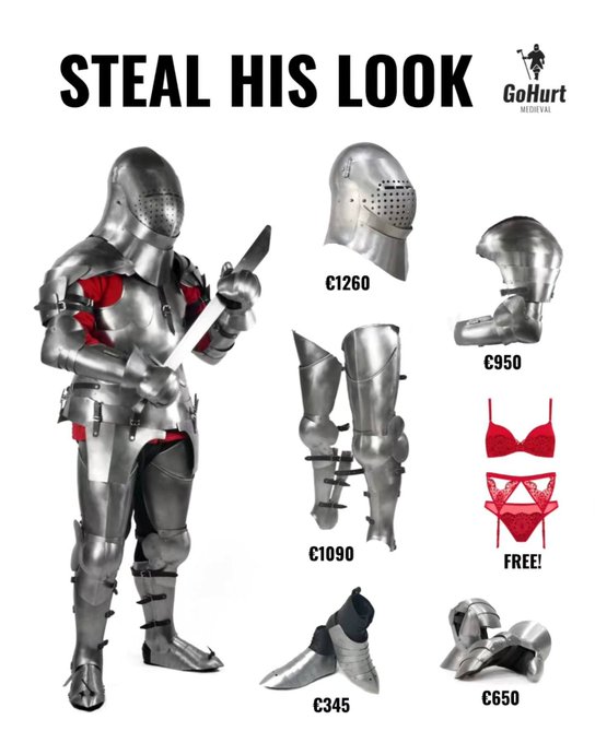 An advertisement titled 'STEAL HIS LOOK' from GoHurt Medieval, displaying a suit of armor broken down into individual components with item codes like C1260, C950, and C1090.