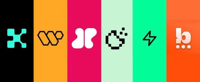 The image features a series of six different logos, each with its own unique color scheme and design elements. The logos are arranged in two rows against a gray background, creating an organized and visually appealing layout. The first row consists of three logos - one in black, one in orange, and one in green. The second row has four logos: two in red, one in yellow, and one in blue. Each logo is distinctively designed with various shapes, lines, and colors to represent the brand or company it represents.