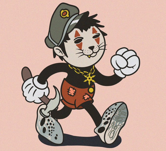 An animated cartoon cat character wearing a green cap, gold star necklace, and orange shorts runs cheerfully while carrying a pickaxe, set against a pink background.