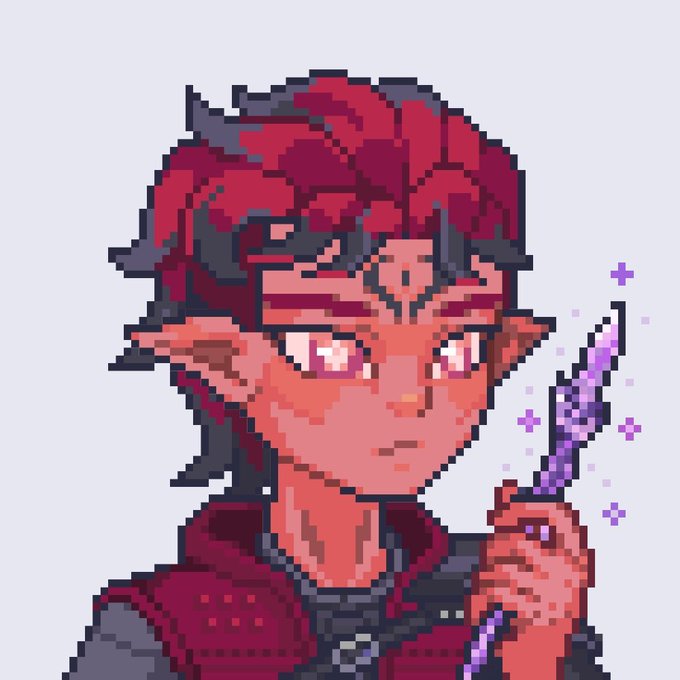 A pixel art portrait depicts a red-skinned elf-like character with dark red hair holding a glowing purple crystal wand.