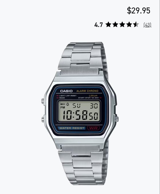 A product listing shows a silver Casio Alarm Chrono digital watch priced at “$29.95,” rated “4.7” with “(43)” reviews.