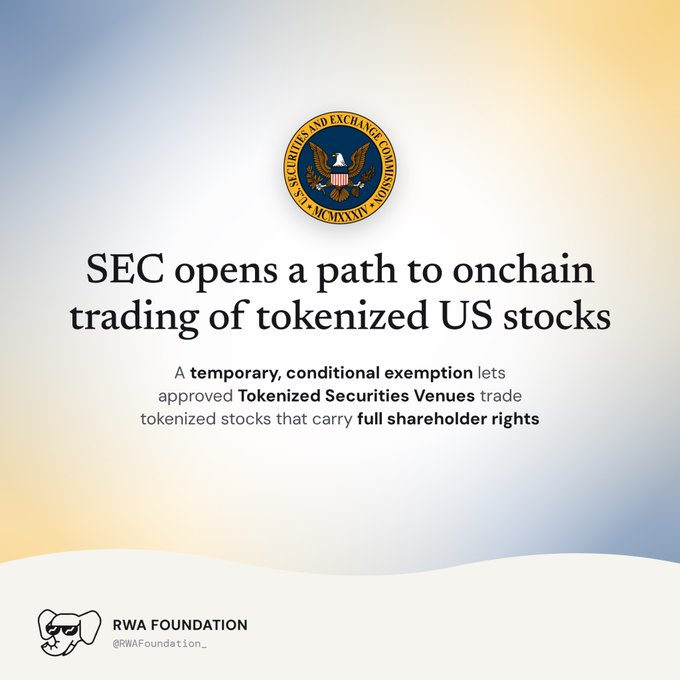 An infographic from the RWA Foundation showing the SEC seal with the headline 'SEC opens a path to onchain trading of tokenized US stocks', explaining a temporary, conditional exemption for approved Tokenized Securities Venues.