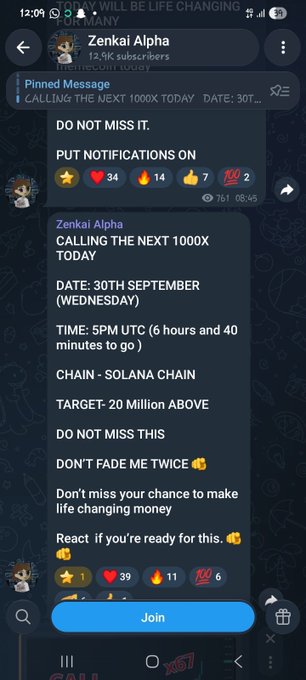 A Telegram screenshot from 'Zenkai Alpha' channel with 12.9K subscribers announcing 'CALLING THE NEXT 1000X TODAY' on the Solana chain with a target of 20 million, scheduled for September 30th at 5PM UTC.