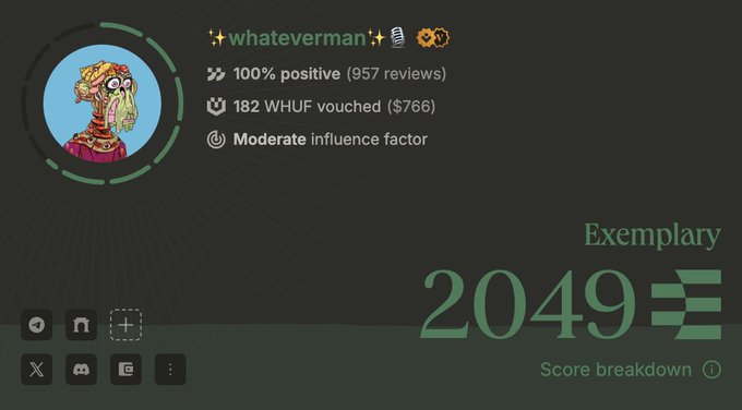 A profile card on Ethos Network shows the "whateverman" Mutant Ape Yacht Club account (BoredApeYC) with an "Exemplary" score of 2049, 100% positive feedback from 957 reviews, 182 WHUF vouched totaling $766, and a moderate influence factor. The image visually represents the trusted and respected reputation the tweet highlights while promoting Ethos Network invites.
