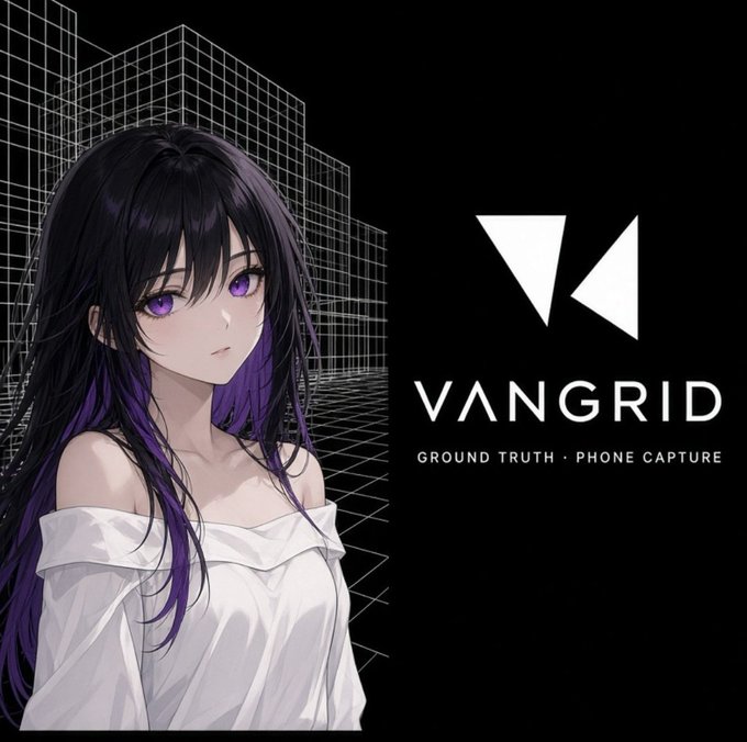 An anime-style illustration of a girl with long dark hair featuring purple streaks and purple eyes, set against a black background with white wireframe buildings. The logo 'VANGRID GROUND TRUTH · PHONE CAPTURE' appears on the right.