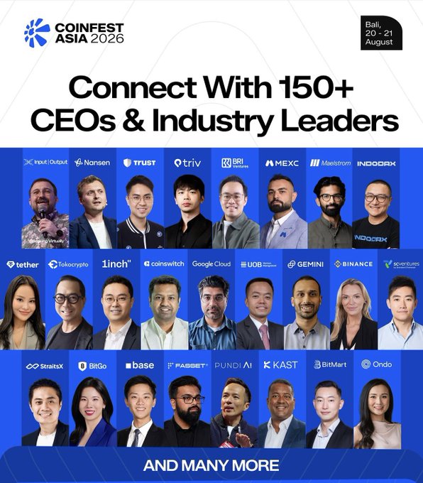 A promotional poster for 'CoinFest Asia 2026' in Bali on August 20-21, featuring headshots of 150+ CEOs and industry leaders from companies like Binance, Coinbase, and Google Cloud.