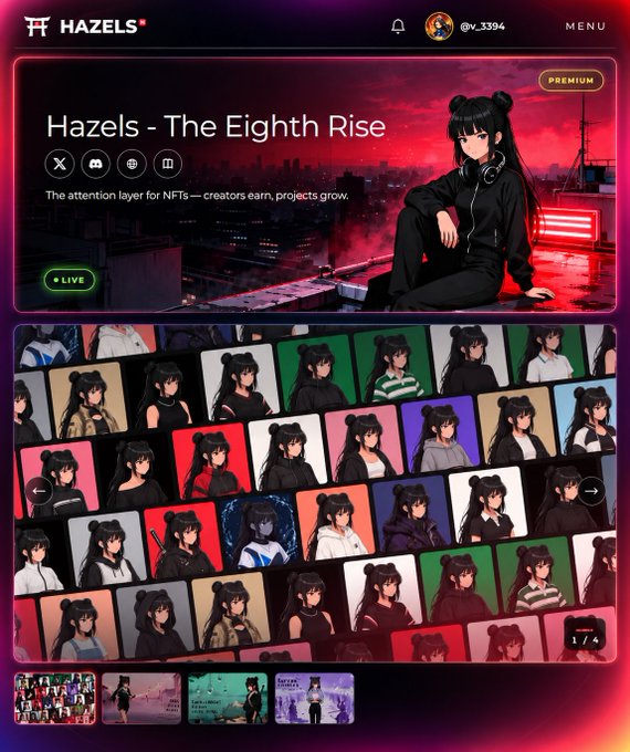 A webpage screenshot of 'Hazels - The Eighth Rise,' a premium NFT collection by @v_3394, described as 'The attention layer for NFTs' and showing 174 items in the collection, currently live.