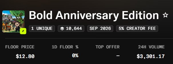 An NFT collection page for 'Bold Anniversary Edition' showing 1 unique item, 10,644 supply, SEP 2026 creation date, 5% creator fee, a $12.80 floor price, 0% 1D floor change, and $3,301.17 24H volume.