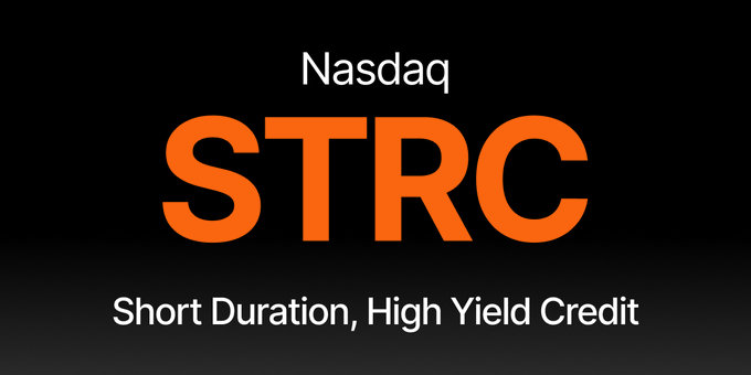 A graphic displays 'STRC' in large orange letters with 'Nasdaq' above and 'Short Duration, High Yield Credit' below on a black background.