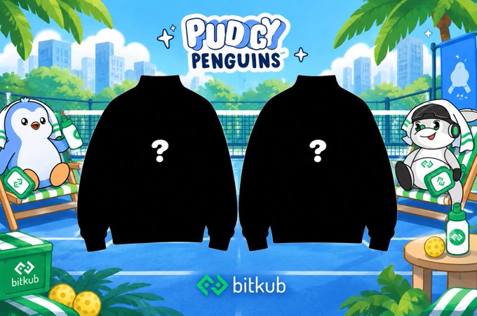 A promotional graphic for 'PUDGY PENGUINS' featuring two black jacket outlines with question marks, flanked by cartoon penguins in beach chairs, with 'bitkub' branding at the bottom.