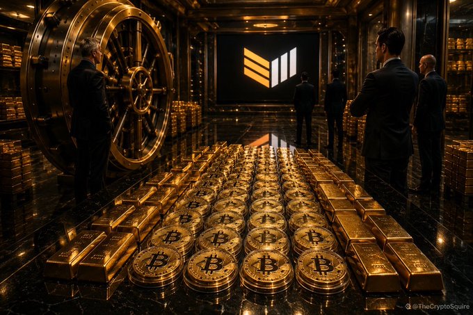 A vault filled with gleaming gold Bitcoin coins and bars, guarded by men in suits beside a massive vault door, with an illuminated Bitcoin-style logo on the back wall — visually representing Strive's milestone accumulation of 20,000 BTC as corporate Bitcoin treasuries continue to expand.