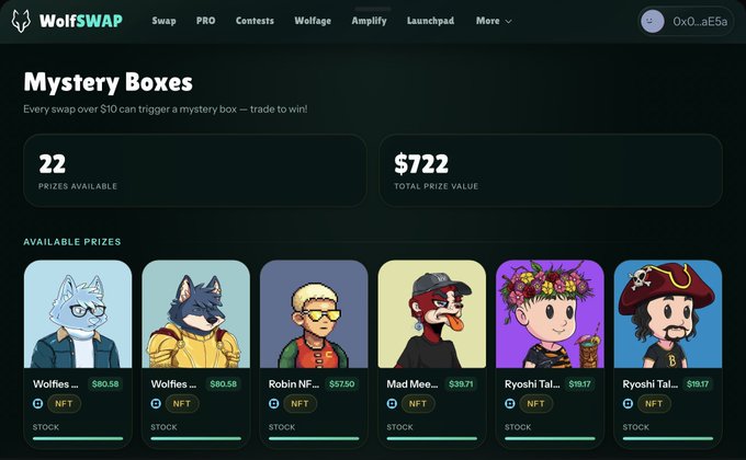 A screenshot of the "WolfSwap" website showing a "Mystery Boxes" page with 22 prizes available totaling $722, featuring cartoon NFT character avatars like "Wolfies" and "Robin NF".