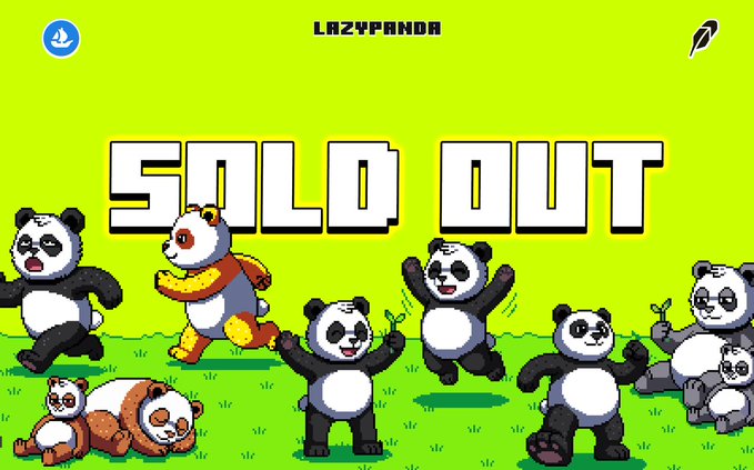 A vibrant green pixel-art graphic displaying 'SOLD OUT' with multiple cartoon pandas and a bear in various poses, branded 'LAZYPANDA' at the top.