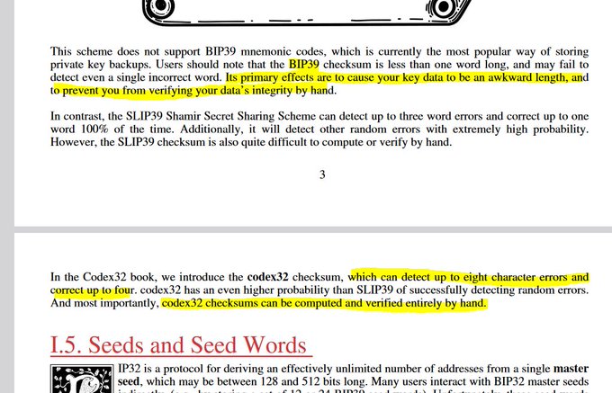 A page from the Codex32 book discussing BIP39 mnemonic codes and the SLIP39 Shamir Secret Sharing Scheme, with several key phrases highlighted in yellow.