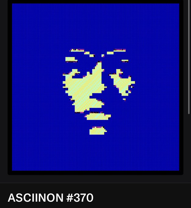 An ASCII art rendering labeled 'ASCIINON #370' displays a yellow pixelated figure wearing sunglasses on a solid blue background, framed in black.