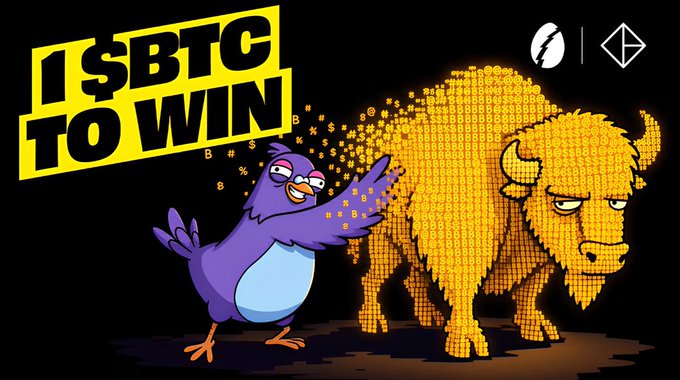 Cartoon-style graphic featuring a purple bird next to a yellow pixelated bull, with text '1 BTC TO WIN' displayed in a yellow banner in the upper left corner.