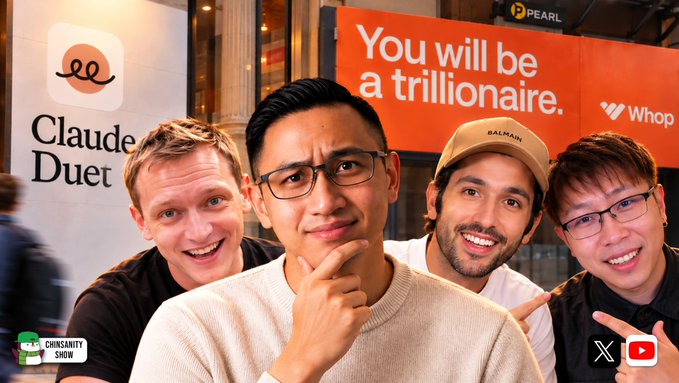 Four men pose in front of event signage, including “Claude Duet,” “You will be a trillionaire.”, “Whop,” “Balmain,” and “CRSANITY SHOW” branding.