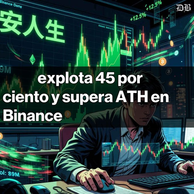 The image depicts a man sitting at a computer desk working with financial analysis tools as part of an investment strategy. The scene also displays a graphic representation of a stock trading floor and market trends using a series of green graphs. A post titled "Explodiast! 45 por ciento y supara ATH en binance" is written underneath the image, which suggests that it is related to cryptocurrency trading or blockchain technology.