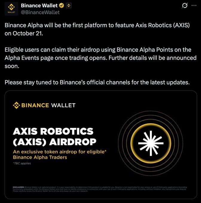 The image shows a Binance Wallet announcement on X about an upcoming AXIS Robotics (AXIS) airdrop, noting Binance Alpha will be the first platform to feature it on October 21, with eligible users able to claim via Alpha Points. The post's reference to "Binance Alpha" as inescapable humorously ties to the image, which promotes yet another mandatory-feeling Binance Alpha airdrop event users feel compelled to participate in.