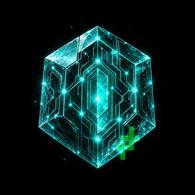 A glowing cyan hexagonal crystal with intricate geometric patterns and bright nodes floating against a black background.