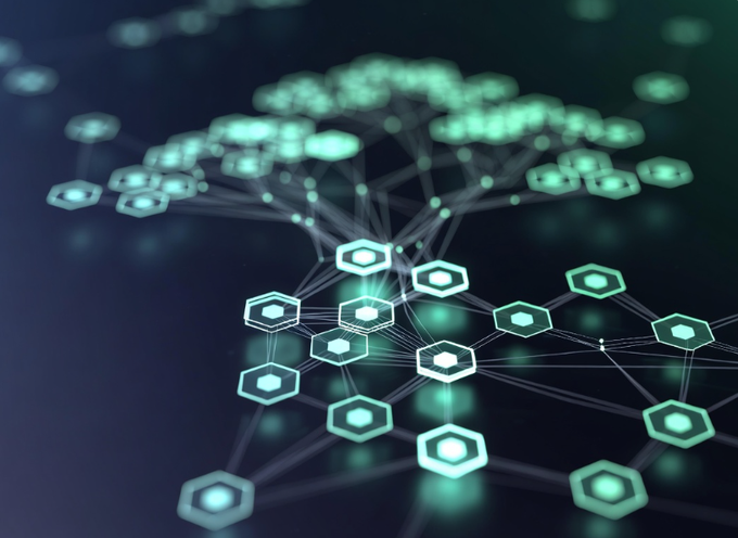 An abstract digital visualization shows a network of glowing teal hexagonal nodes connected by thin lines against a dark background.