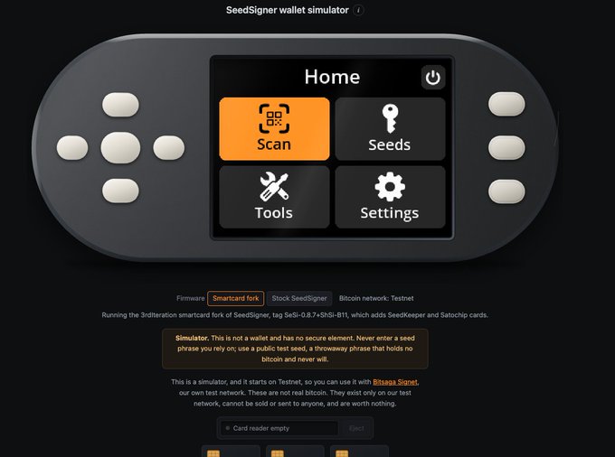 The SeedSigner wallet simulator screen shows "Smartcard fork" selected, running the SeSi-0.8.7+ShSi-B11 firmware with Bitcoin network: Testnet. The simulator integrates with Bitsaga Signet for test transactions.