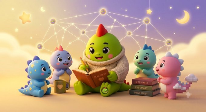 A whimsical 3D illustration of a green dinosaur-like character wearing a sweater reading a book titled 'DEAR DIARY', surrounded by four smaller dinosaur friends, with a stack of books labeled 'SLEEP WELL', 'EAT SMART', and 'MOVE DAILY' against a starry night sky.