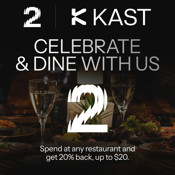A promotional graphic for KAST featuring the '2' anniversary logo, announcing 'CELEBRATE & DINE WITH US' with a 20% back offer (up to $20) on restaurant spending, set against a dark dining table background.