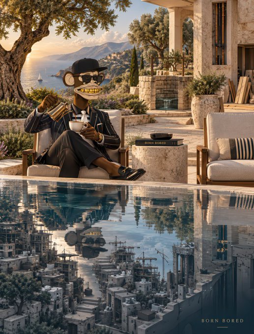 A surreal figure in a pinstripe suit and bowler hat lounges in a Mediterranean villa chair, pouring tea beside an infinity pool that reflects a sprawling coastal cityscape below, with a "BORN BORED" book resting on the stone side table and the "BORN BORED." watermark at the bottom right—visually echoing the post's meditative theme that beauty exists in the beholder's perspective, transforming a quiet morning ritual into a reflective moment of Web3 calm.