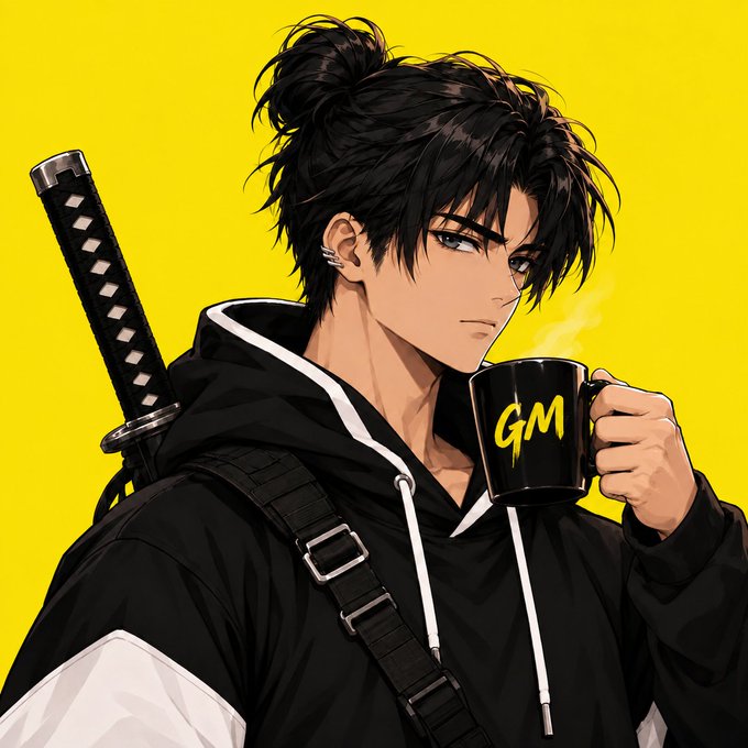 An anime-style illustration of a young man with messy black hair wearing a black hoodie, carrying a katana on his back while drinking from a black mug labeled 'GM' in yellow text against a bright yellow background.