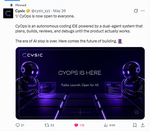 The image shows a screenshot of a social media post with text related to Cystic Intelligence (AI) and a video. The main focus of this image is a message that says "Cysic is building decentralized compute infrastructure for ZK proofing". It appears that there might be some sort of collaboration or partnership being discussed, possibly involving the use of AI in the field of blockchain. There's also a small video clip present within the post.