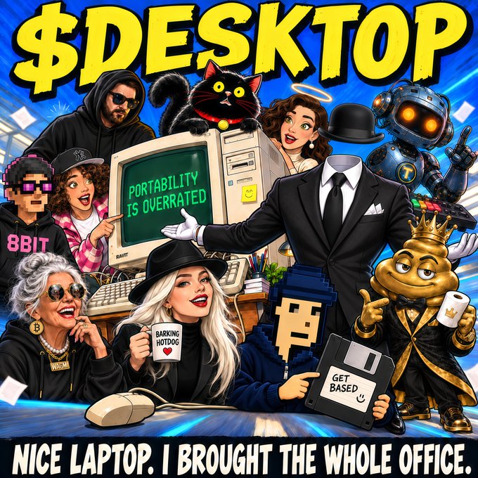 A colorful meme poster titled '$DESKTOP' with the tagline 'NICE LAPTOP. I BROUGHT THE WHOLE OFFICE,' showing various cartoon characters including a hoodie-wearing figure, a black cat, a woman pointing at a monitor saying 'PORTABILITY IS OVERRATED', and a crypto-coins character.