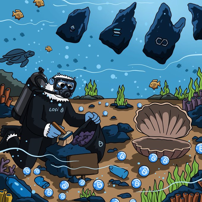 A scuba diver wearing a wetsuit labeled "LOFI" scuba gear searches the seabed among fish, a sea turtle, and a giant shell, collecting blue coins marked with the $SUI logo into a bag. The underwater treasure-hunting scene illustrates "diving for $SUI" as a weekend activity, using the diver character to represent someone exploring deep waters in search of the SUI token.