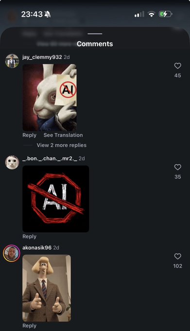 A social media comments section shows users posting images expressing their frustration with 'AI' content.