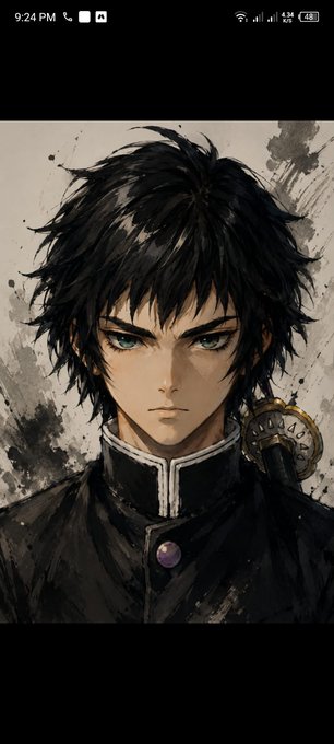 An anime-style character with messy black hair and blue eyes, dressed in a dark high-collar uniform with a katana visible behind his shoulder, stands against an ink-splattered background. The image appears to be an artistic character illustration unrelated to the post's text, which discusses blockchain-integrated shipping company @EthraShip and its role in maritime cargo transport.
